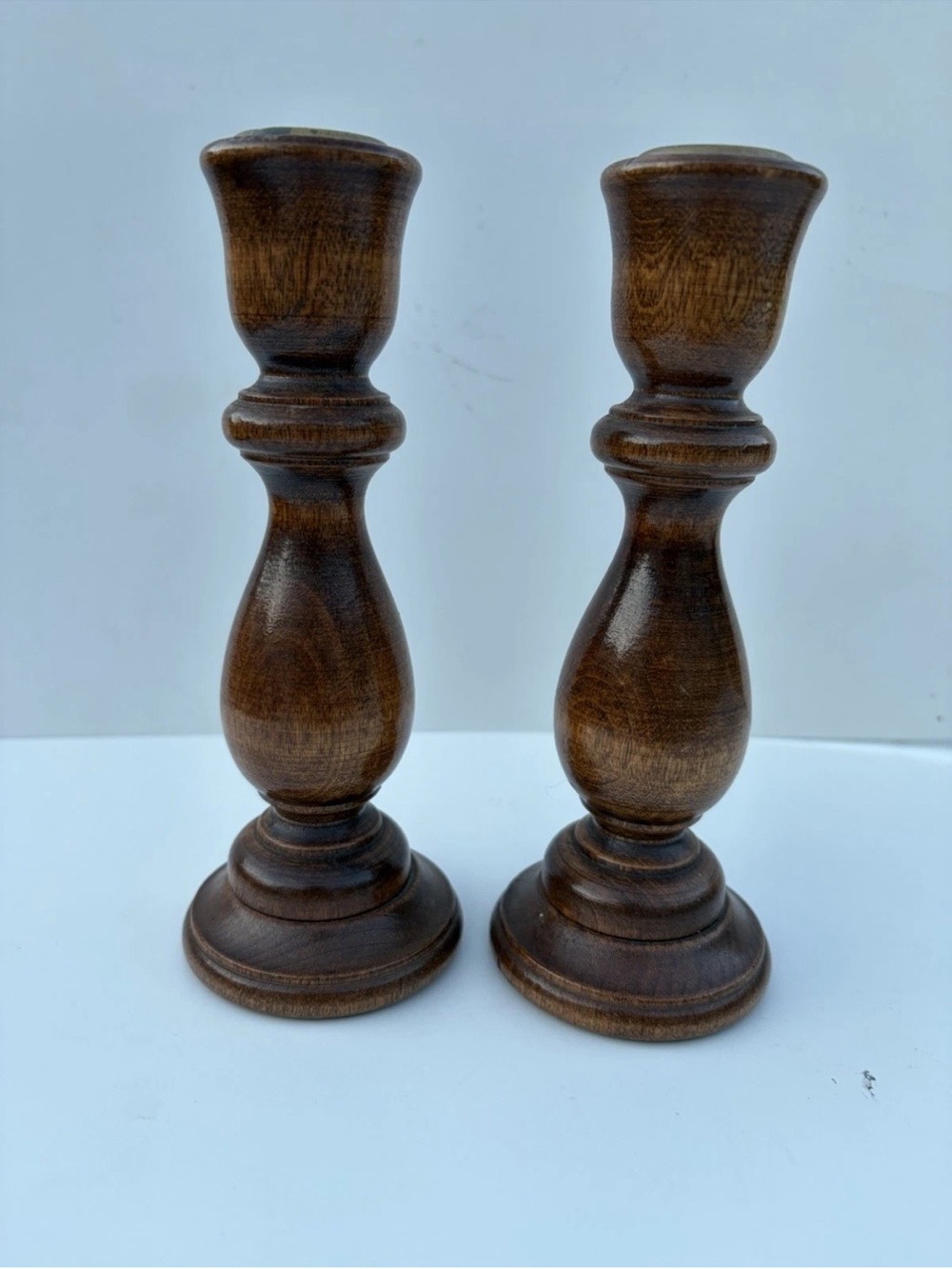 Vintage Wood Candlesticks Pair Turned Wooden Taper Candle Holders Farmhouse MCM